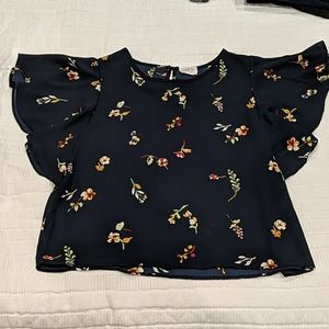 EUC Sienna Sky Navy Floral Sheer Short Sleeve Top
